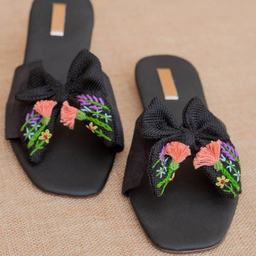 Black Bow Affairs Hand-Embroidered Bow Sliders By Dazzle